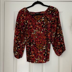 Lush Black Blouse with Red, Orange, Pink & Tan Leaf Print